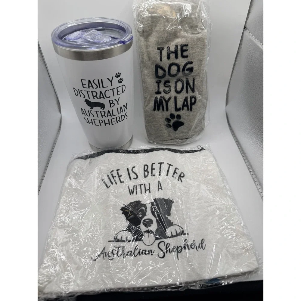 Australian Shepherd Gift Set‎ – Tumbler, Makeup Bag, Socks, Straw & Brush – New